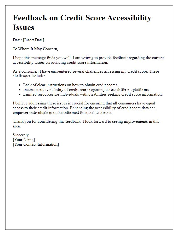 Letter template of feedback on current credit score accessibility issues.