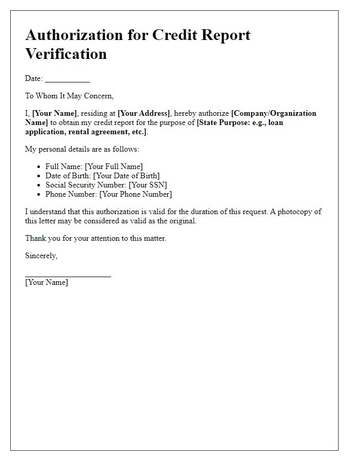 Letter template of authorization for credit report verification.