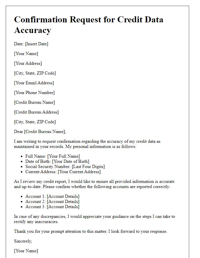 Letter template of confirmation request for credit data accuracy.