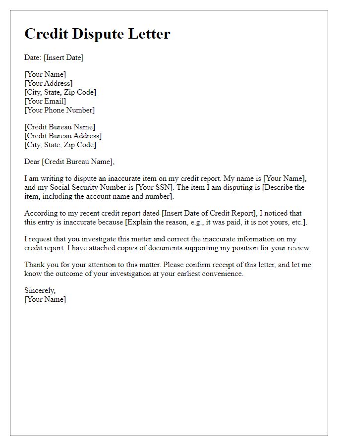 Letter template of dispute for inaccurate credit reporting.