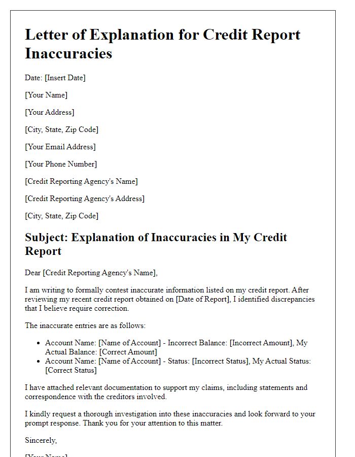 Letter template of explanation for credit report inaccuracies.