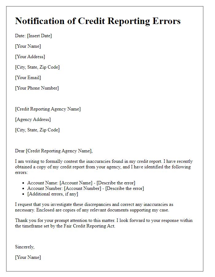 Letter template of notification for credit reporting errors.