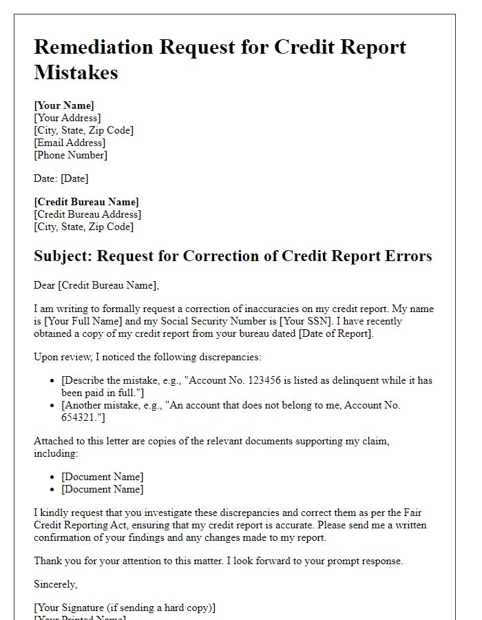 Letter template of remediation request for credit report mistakes.