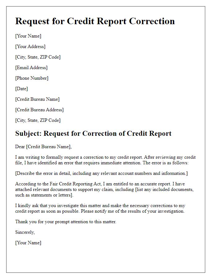 Letter template of request for credit report correction.