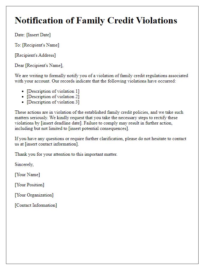 Letter template of notification of family credit violations.