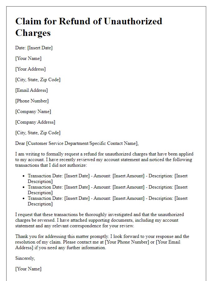 Letter template of claim for refund of unauthorized charges