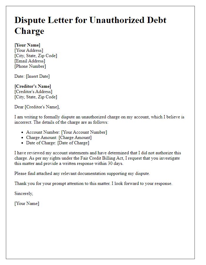 Letter template of dispute for unauthorized debt charge