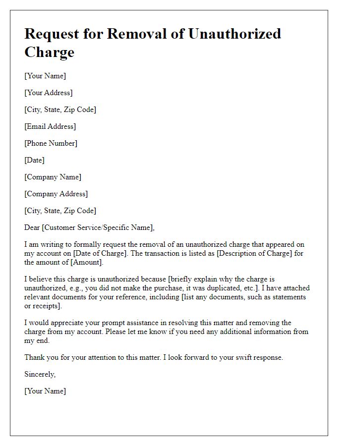 Letter template of request for removal of unauthorized charge