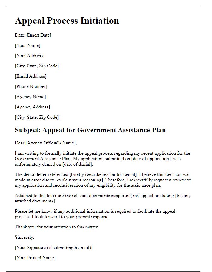 Letter template of government assistance plan appeal process initiation