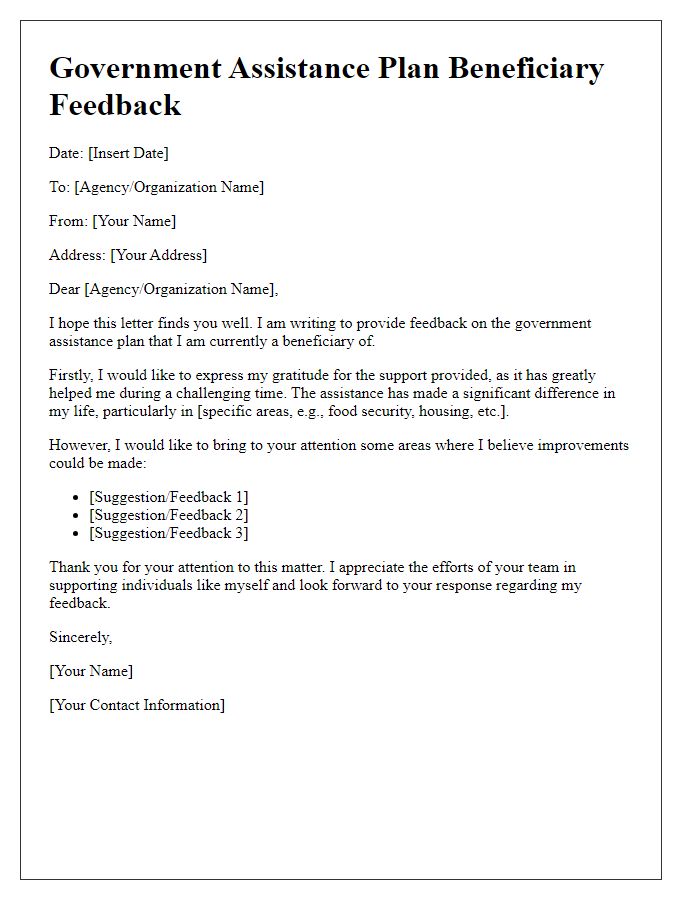 Letter template of government assistance plan beneficiary feedback