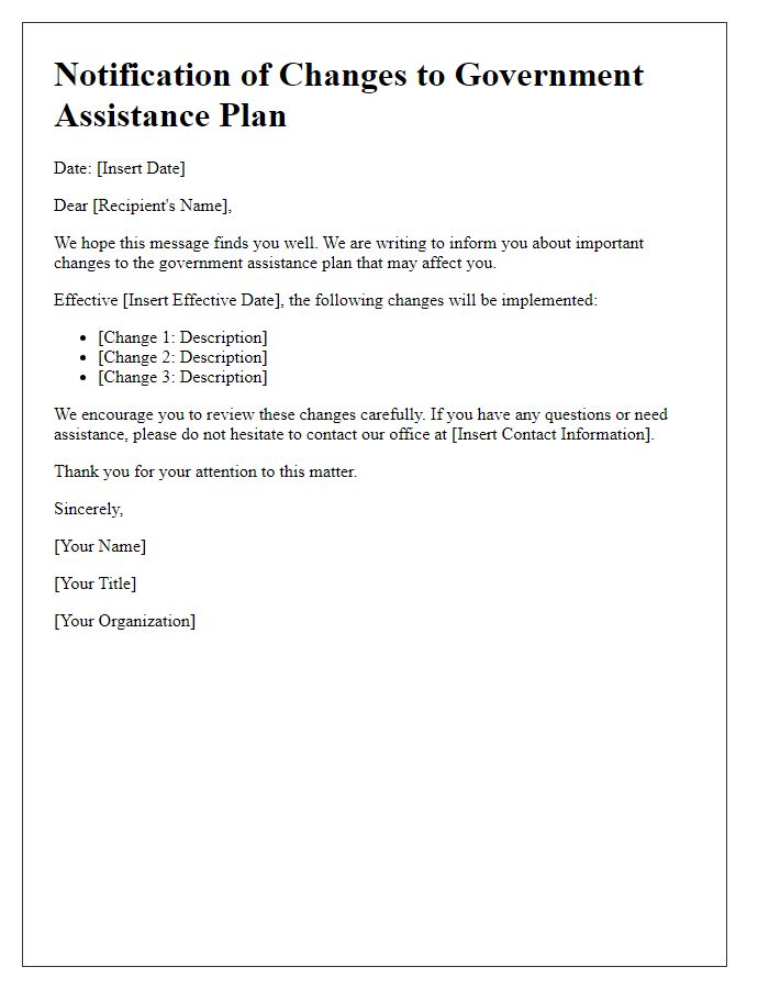 Letter template of government assistance plan changes notification