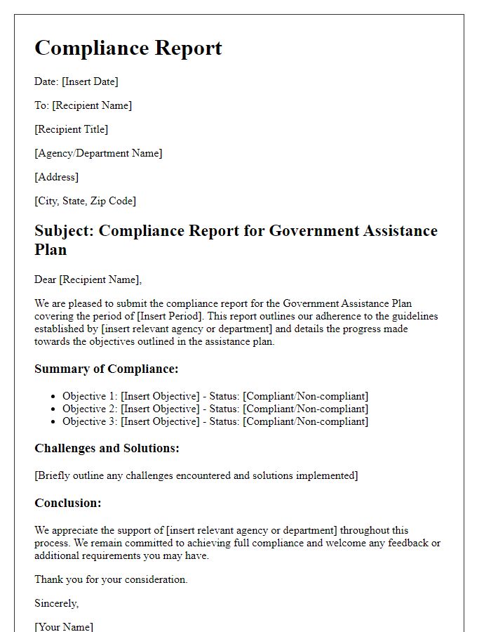 Letter template of government assistance plan compliance report