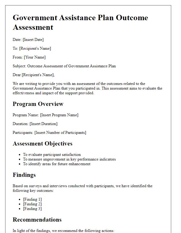 Letter template of government assistance plan outcome assessment