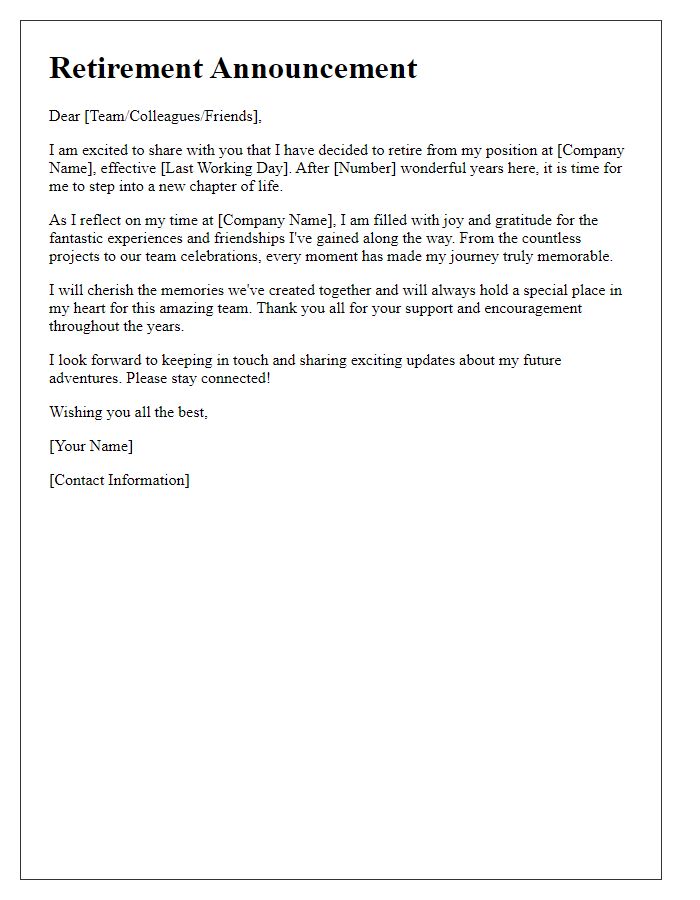 Letter template of cheerful retirement resignation announcement.