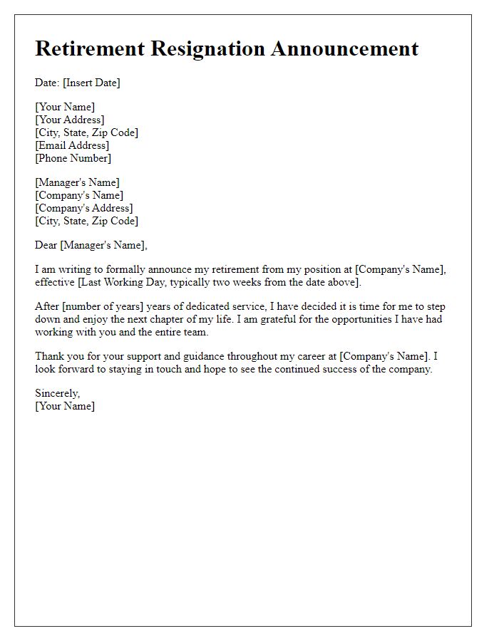 Letter template of formal retirement resignation announcement.