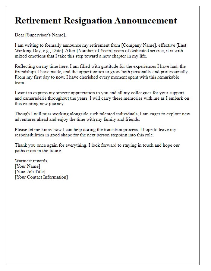 Letter template of heartfelt retirement resignation announcement.