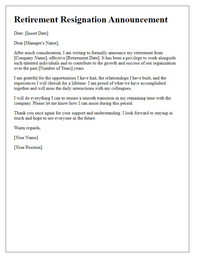 Letter template of personal retirement resignation announcement.