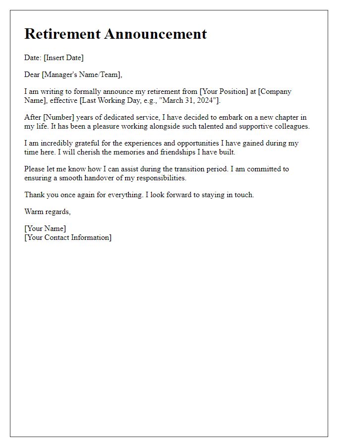 Letter template of professional retirement resignation announcement.