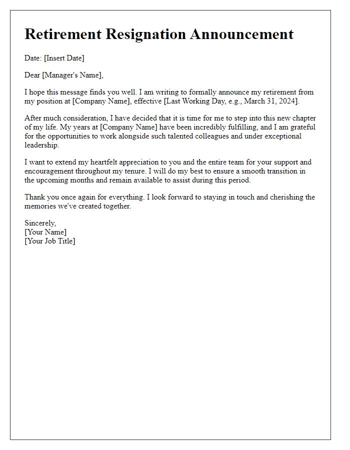 Letter template of respectful retirement resignation announcement.