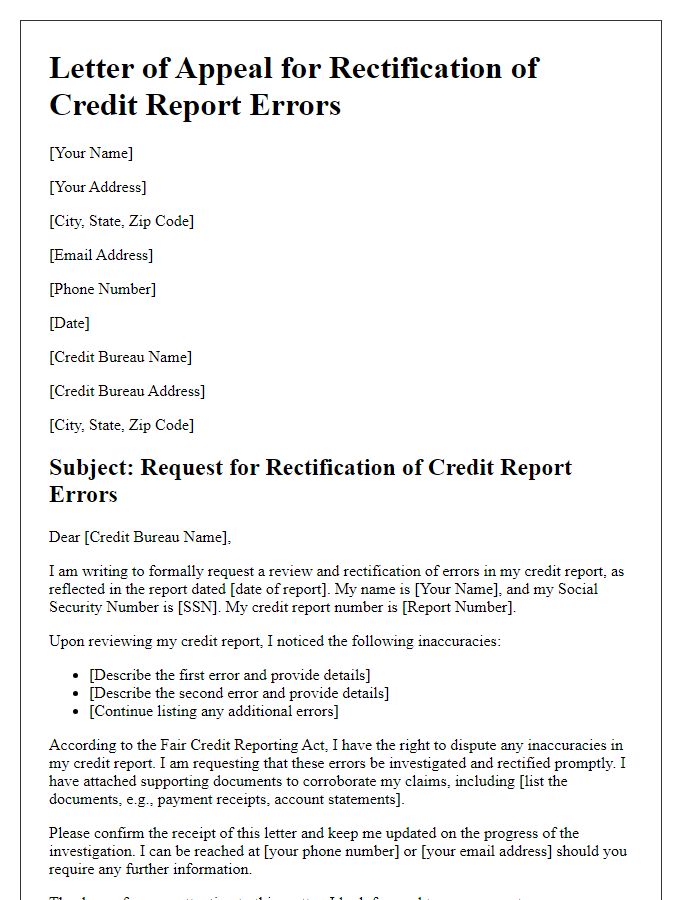 Letter template of appeal for rectification of credit report errors.