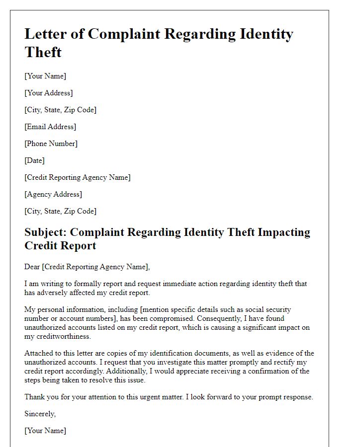 Letter template of complaint for identity theft impacting credit report.