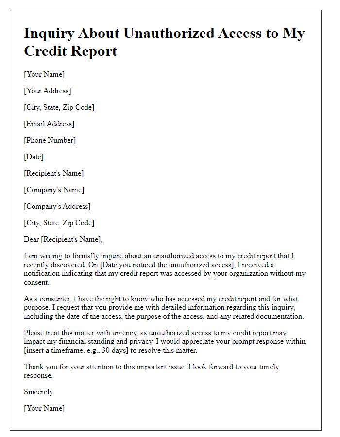 Letter template of inquiry about unauthorized credit report access.