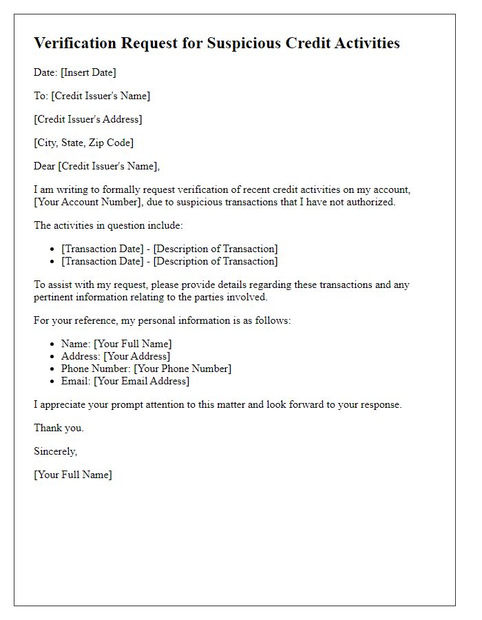 Letter template of verification request for suspicious credit activities.