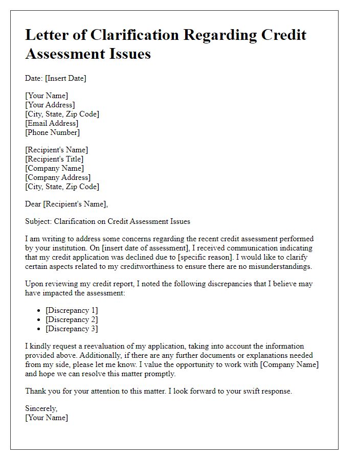 Letter template of clarification regarding credit assessment issues