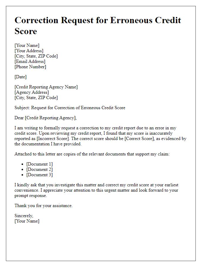 Letter template of correction request for erroneous credit score