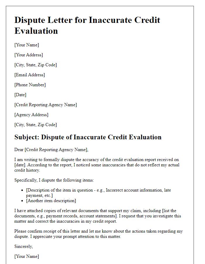 Letter template of dispute for inaccurate credit evaluation