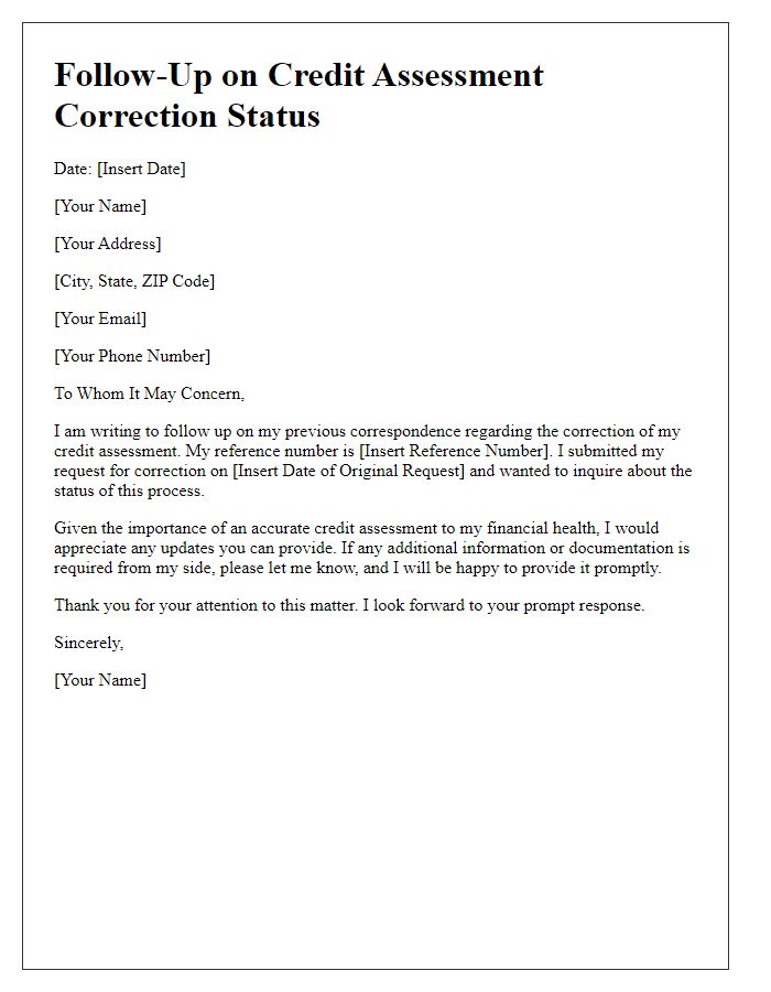 Letter template of follow-up on credit assessment correction status