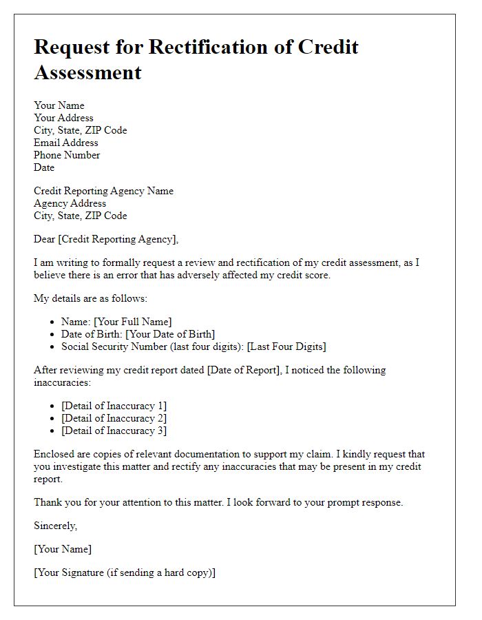 Letter template of formal request to rectify credit assessment mistake