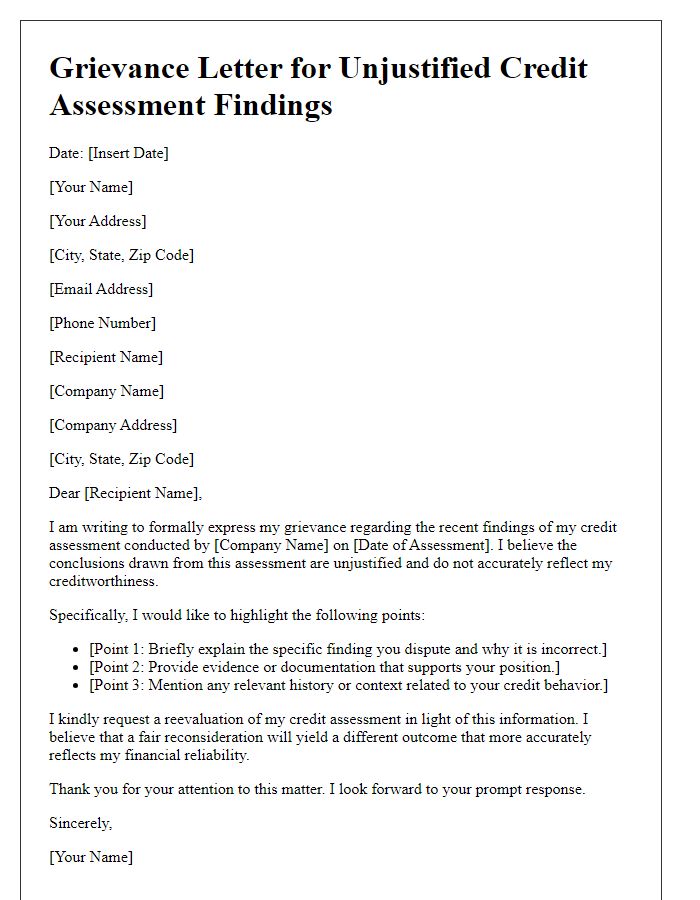 Letter template of grievance for unjustified credit assessment findings