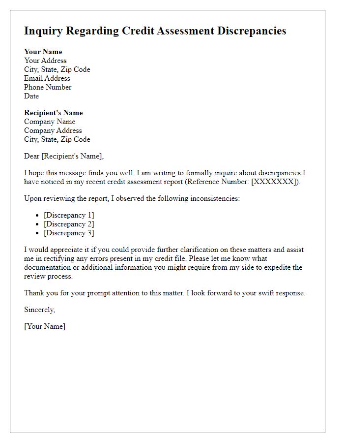 Letter template of inquiry regarding credit assessment discrepancies