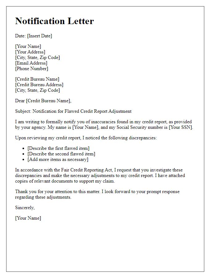 Letter template of notification for flawed credit report adjustment