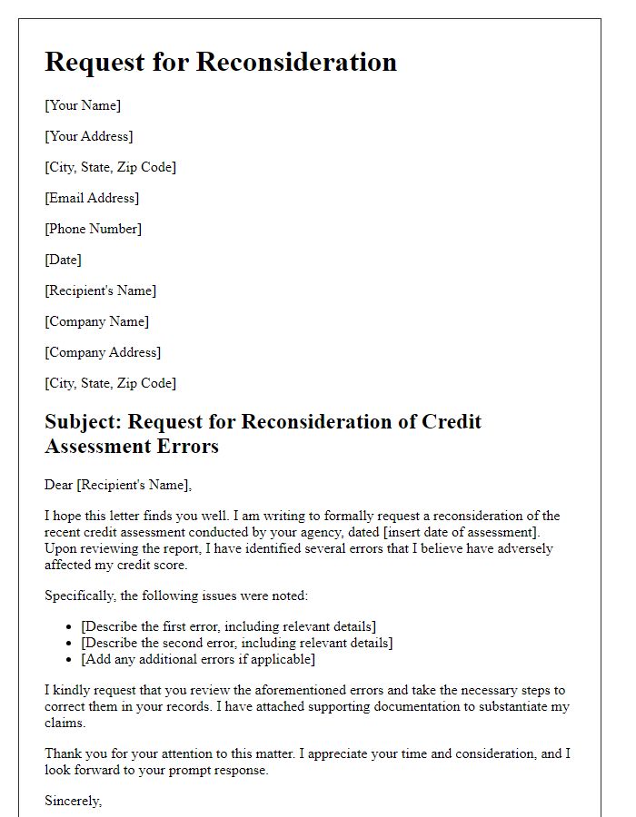 Letter template of request for reconsideration of credit assessment errors