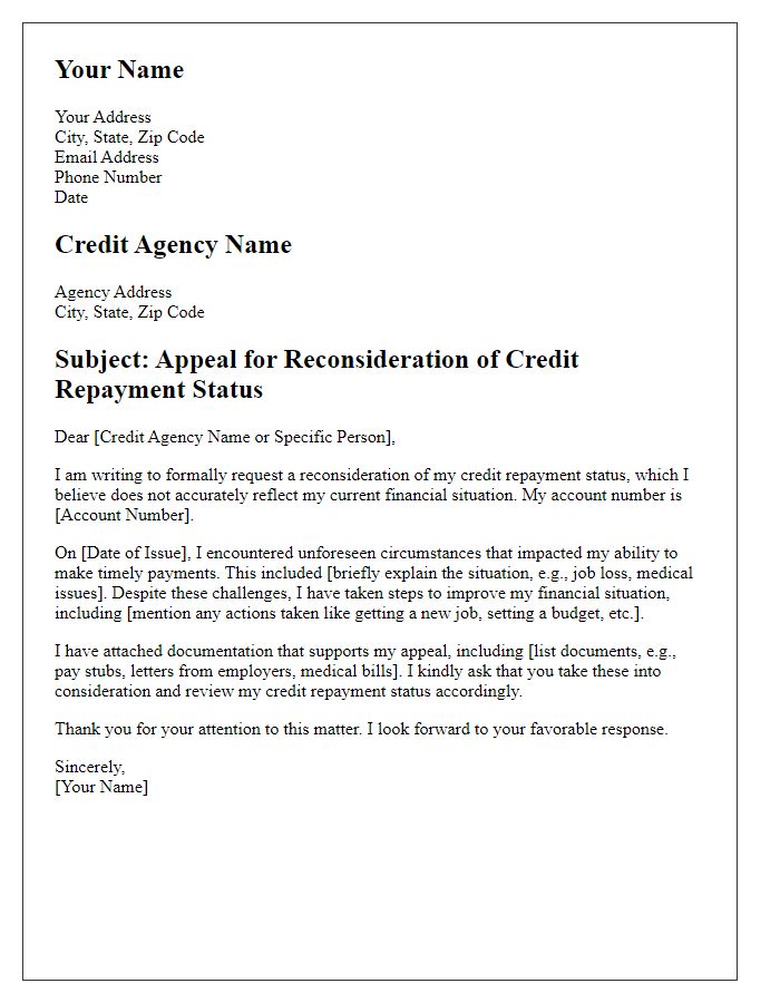 Letter template of appeal for reconsideration of credit repayment status.