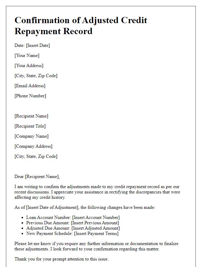 Letter template of confirmation of adjusted credit repayment record.