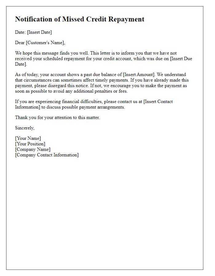 Letter template of notification regarding missed credit repayment.