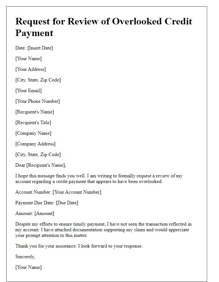 Letter template of request for review on overlooked credit payment.