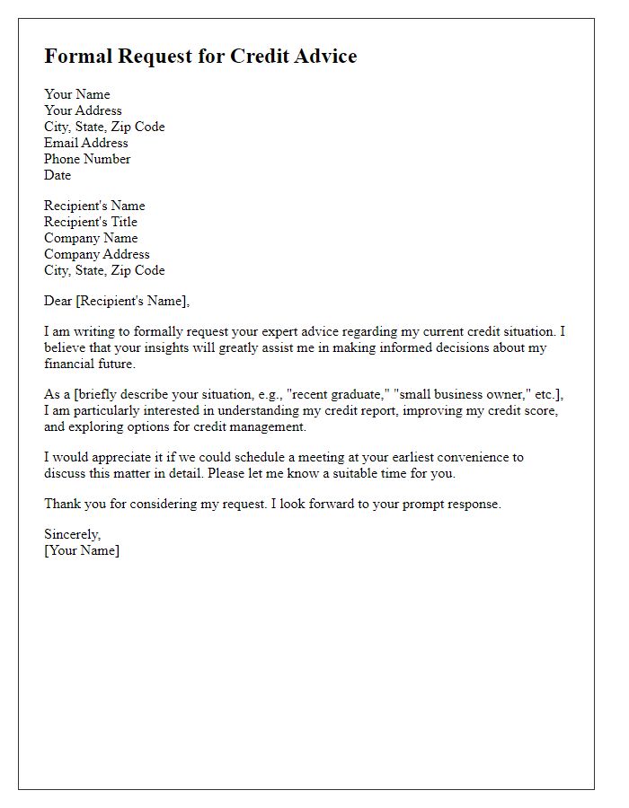 Letter template of formal request for credit advice