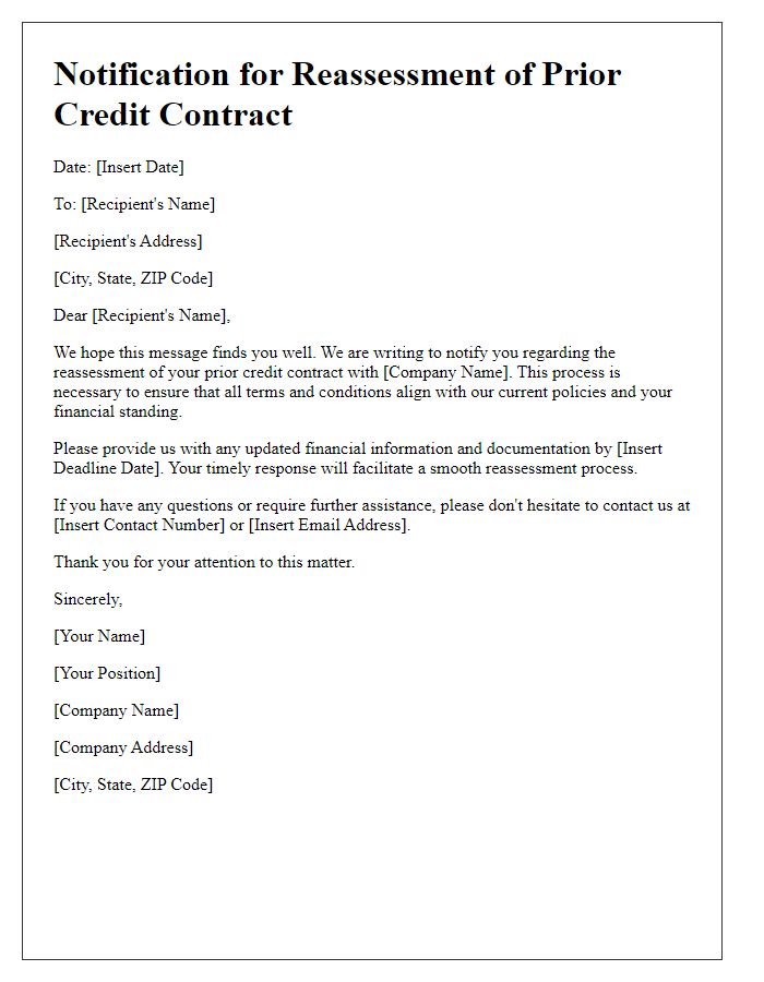 Letter template of notification for reassessment of prior credit contract