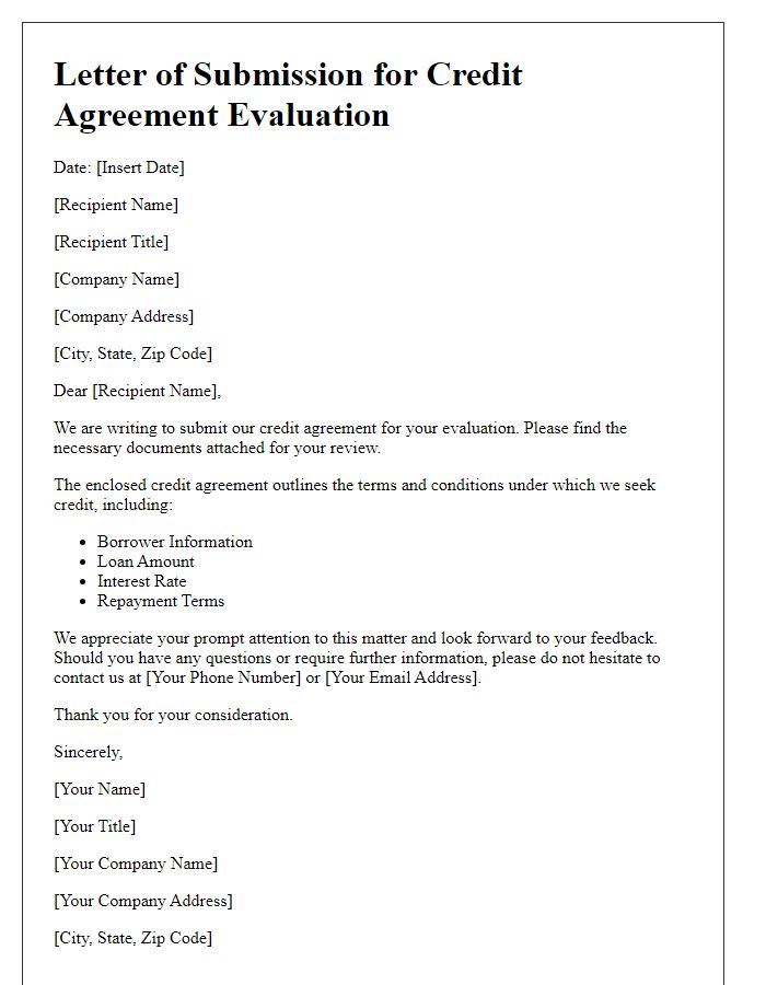 Letter template of submission for credit agreement evaluation