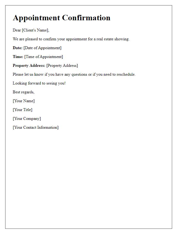 Letter template of appointment confirmation for a real estate showing