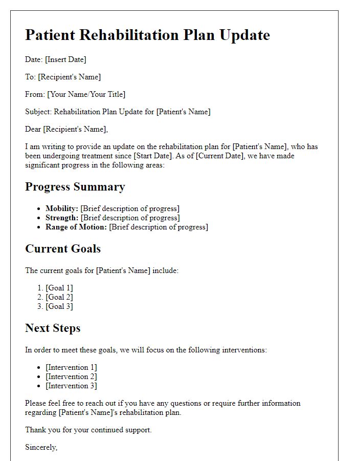 Letter template of patient rehabilitation plan update