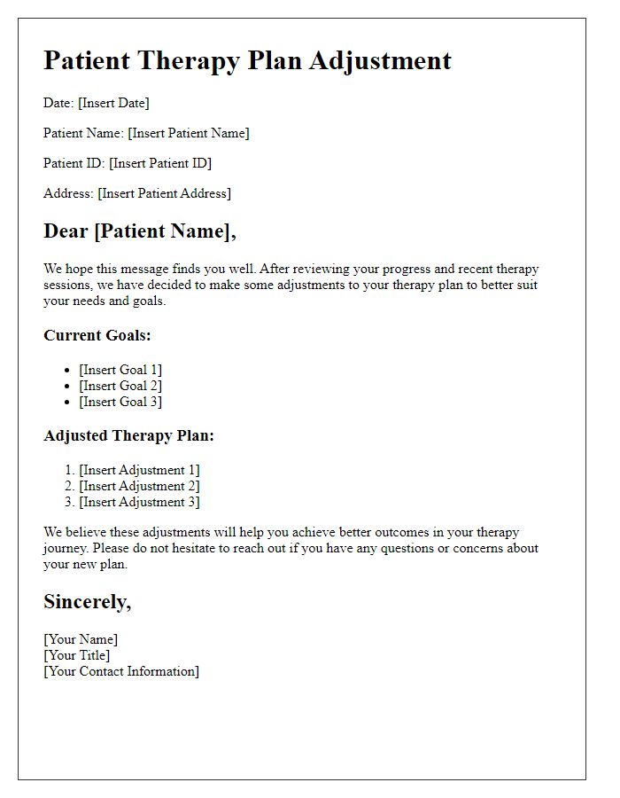 Letter template of patient therapy plan adjustment