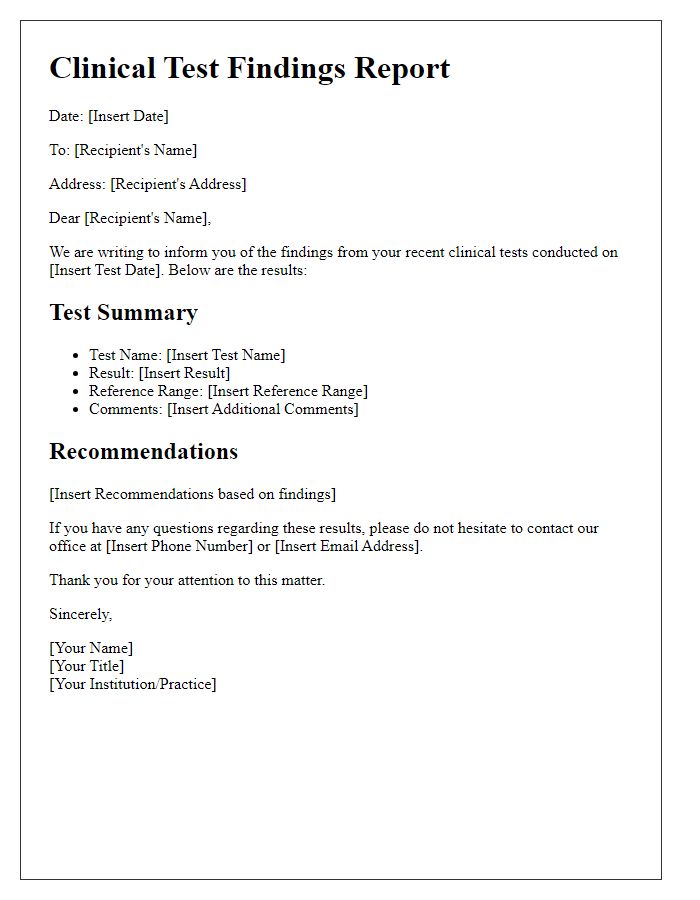 Letter template of clinical test findings correspondence