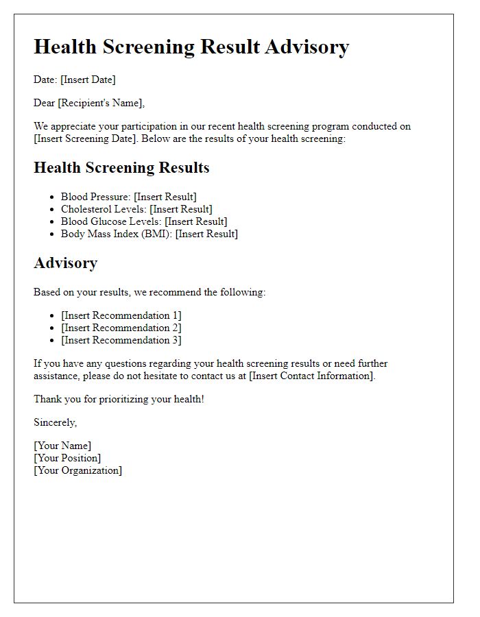 Letter template of health screening result advisory