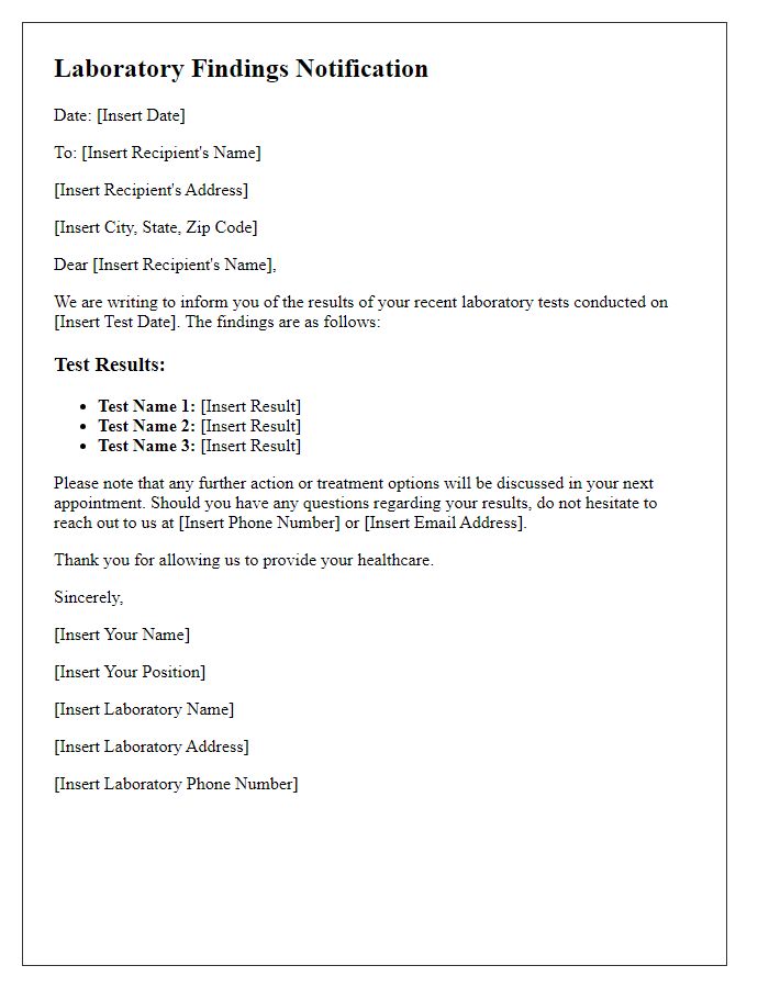 Letter template of laboratory findings notification