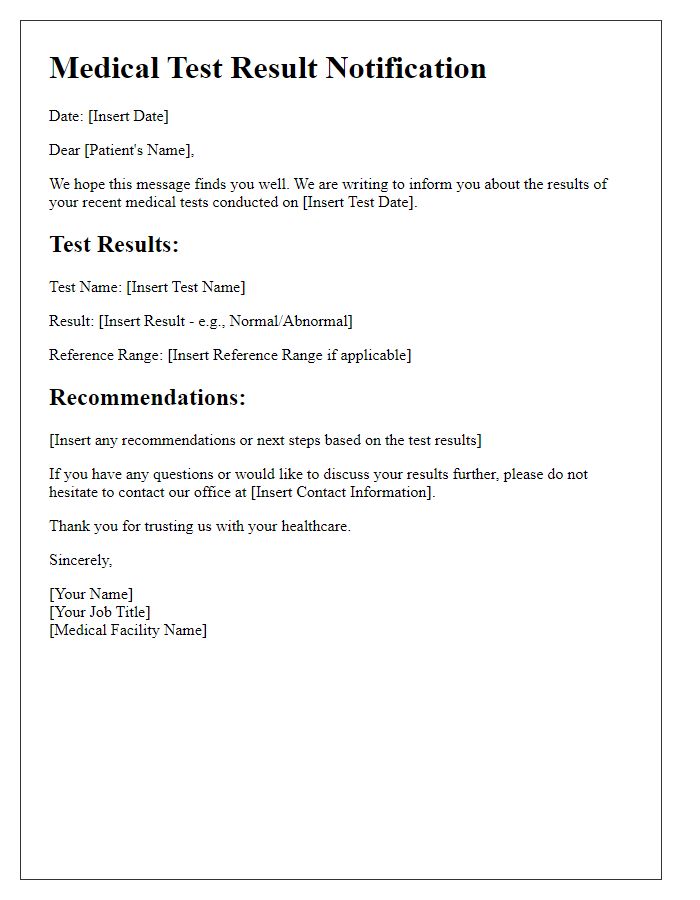 Letter template of medical test outcome communication